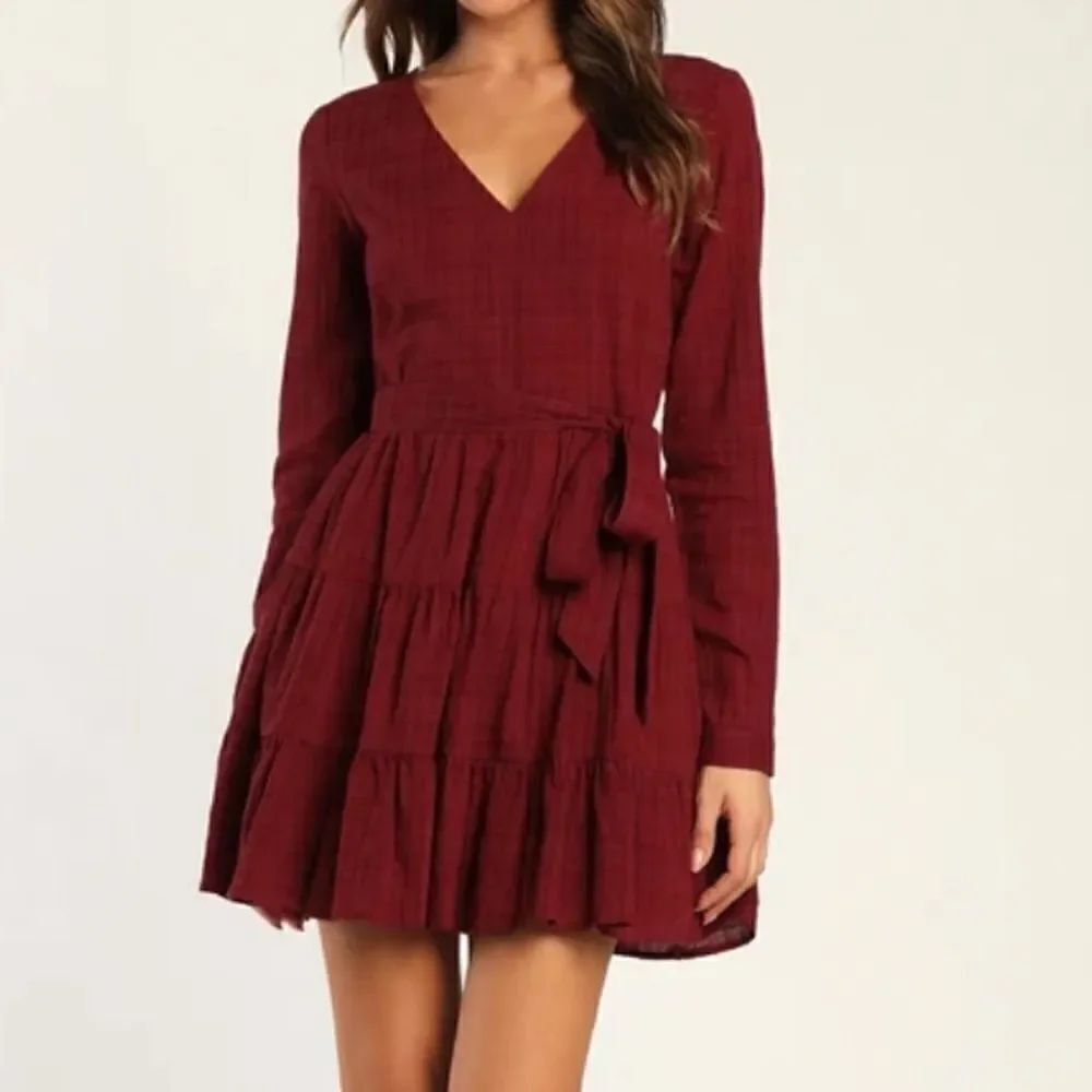 NWT Lulu's Autumn Adoration Wine Red Plaid Long Sleeve Mini Dress with Pockets M